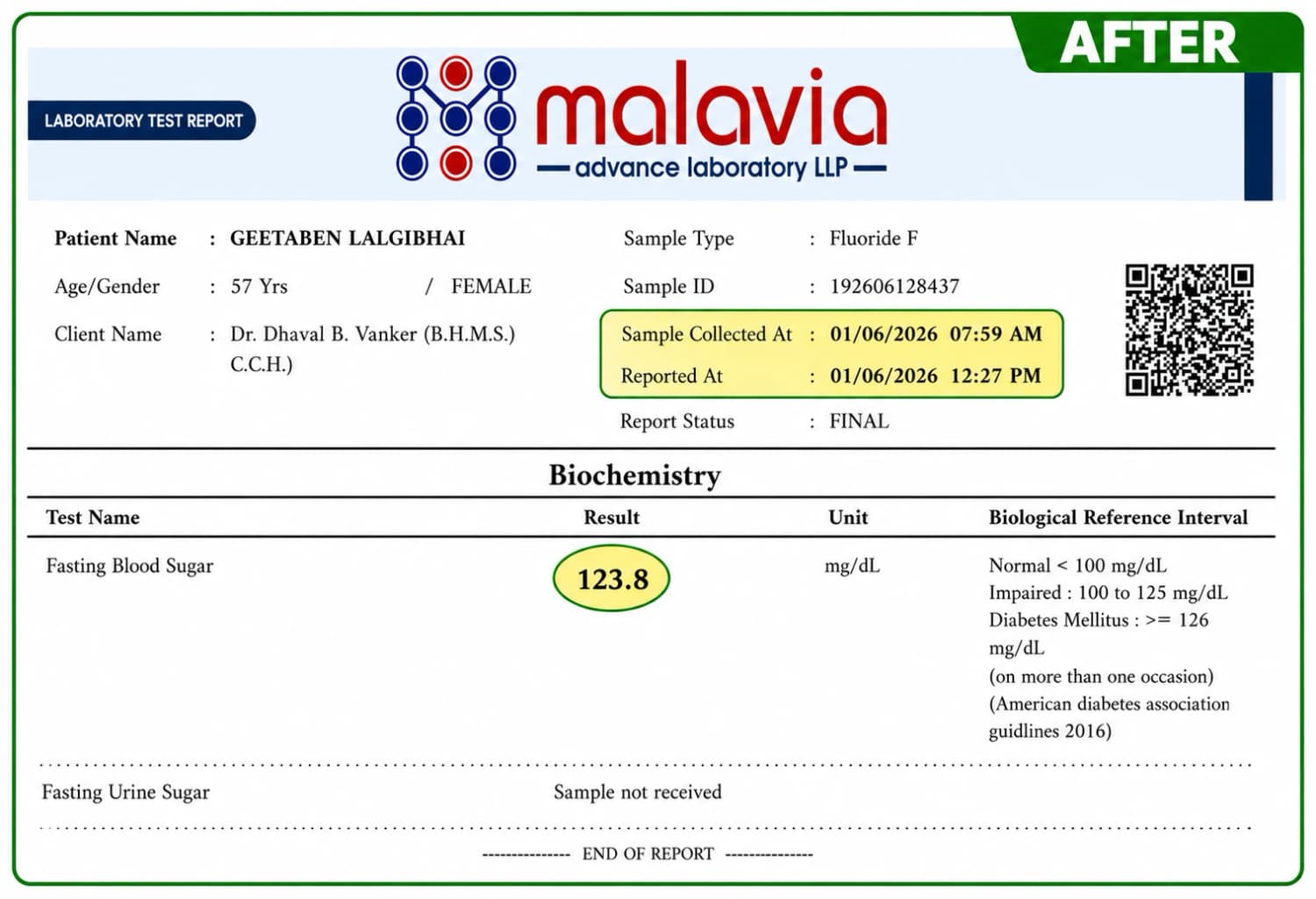 DiaboFood After Laboratory Test Report showing Blood Sugar levels after 10 days