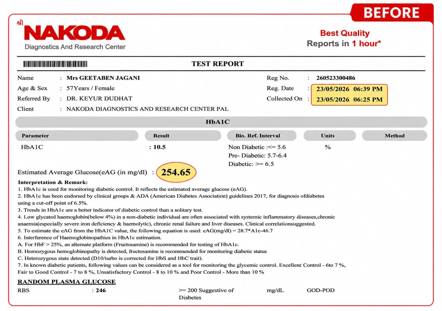 DiaboFood Before Laboratory Test Report showing HbA1c and Blood Sugar levels